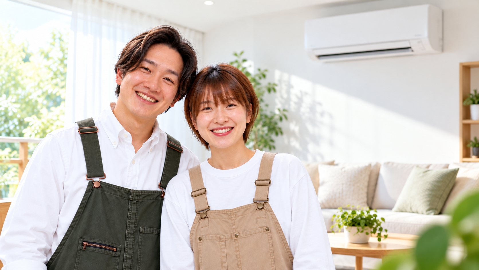 明るいリビングで微笑むおしどり本舗の夫婦。背景に壁掛けエアコン