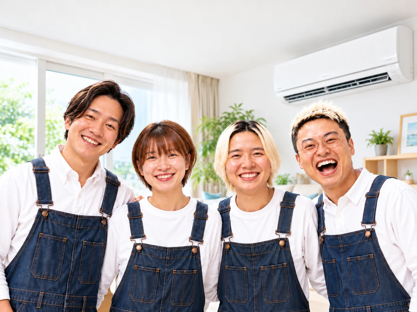 明るい室内のエアコンの前に並ぶ4名のスタッフ