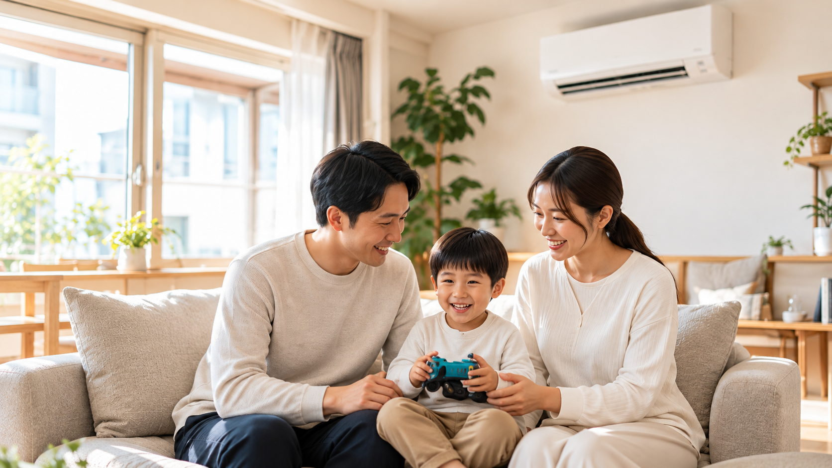 エアコンのある明るいリビングで過ごすご家族のイメージ